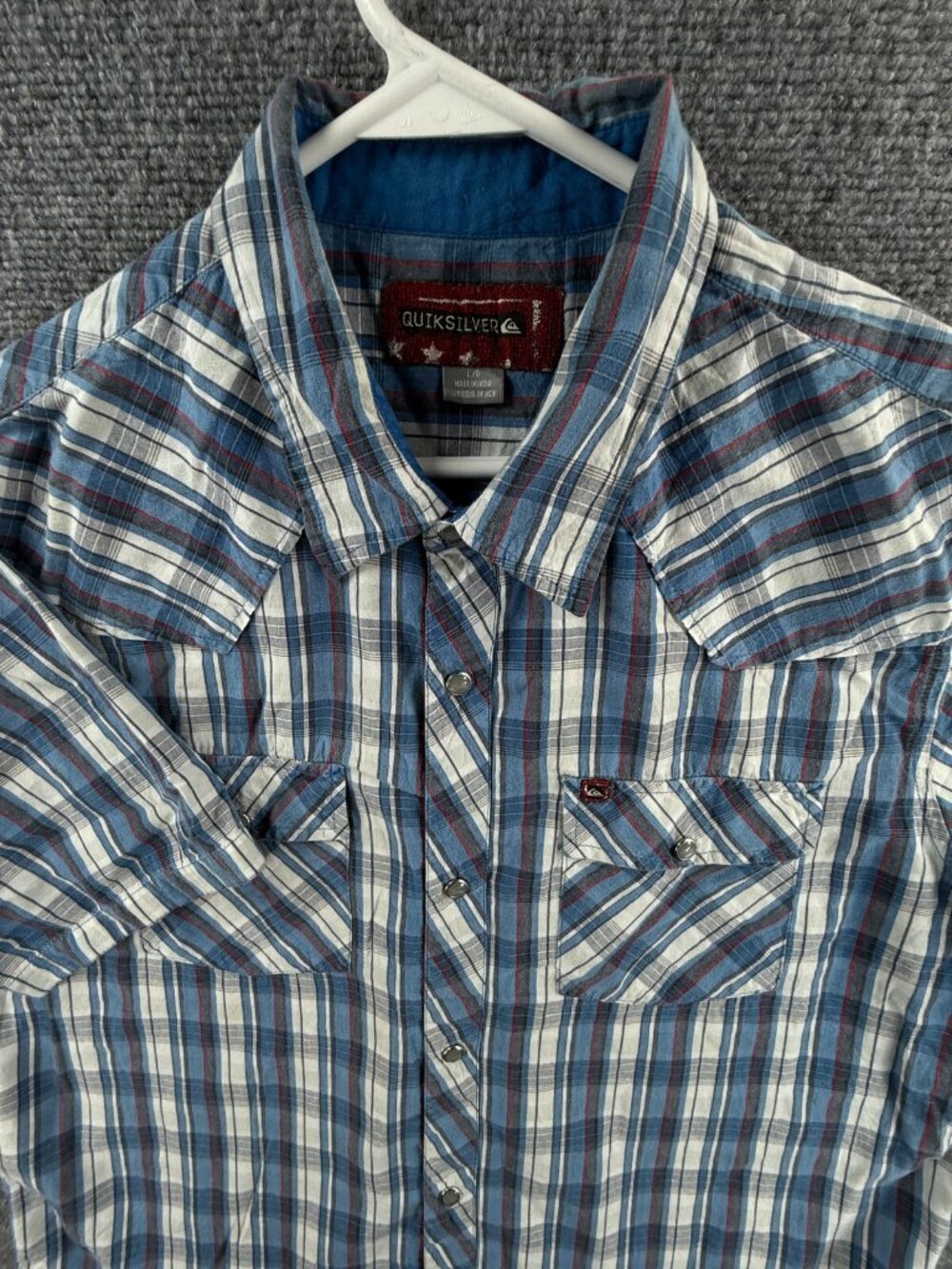 Quiksilver Pearl Snap Up Shirt Short Sleeve Men Skate Surf Plaid Blue Large